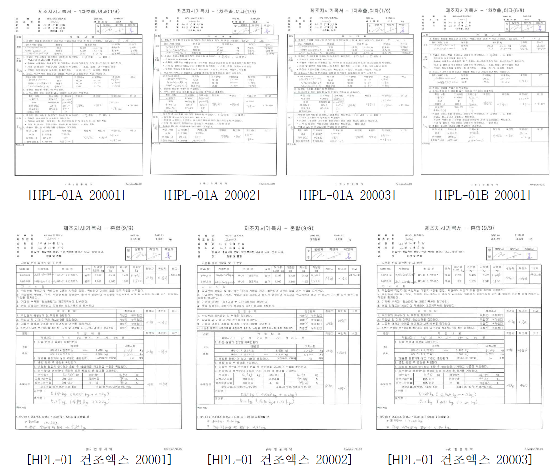 HPL-01 건조엑스 제조지시기록서