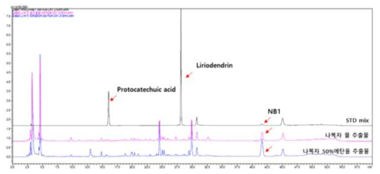 나복자 추출용매 별 크로마토그램