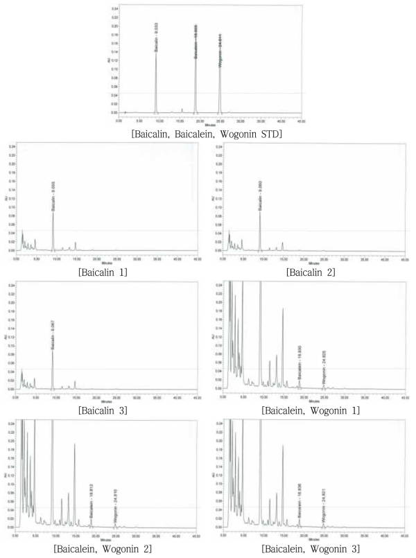 숙취해소음료 내 황금 중 Baicalin, Baicalein, Wogonin 크로마토그램