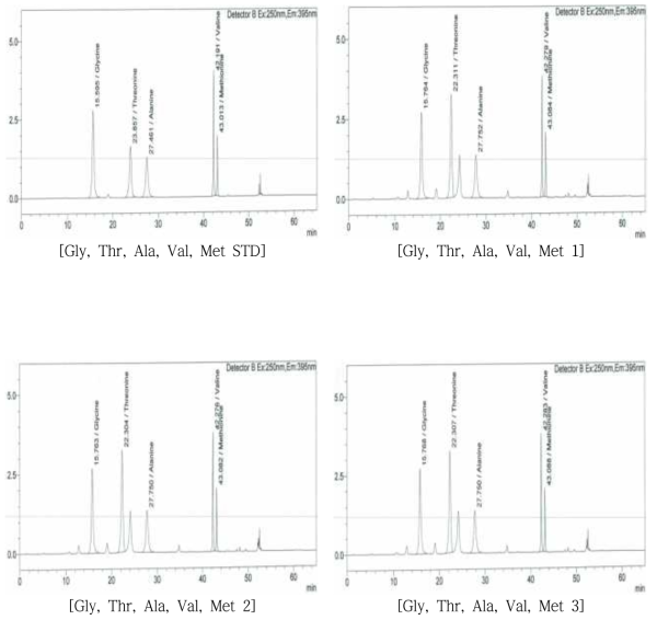숙취해소음료 내 Gly, Thr, Ala, Val, Met 크로마토그램