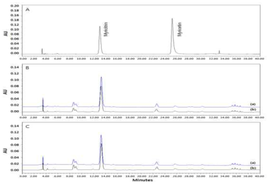 유산균주(B-C) 및 배양 시간(a-b) 따른 고욤나무잎 고체배양물(B~C)의 HPLC 크로마토그램; 표준물질(A), Lactobacillus plantraum 1222(B), Lactobacillus rhamnosus GG(B), 0시간 배양(a), 48시간 배양(b)