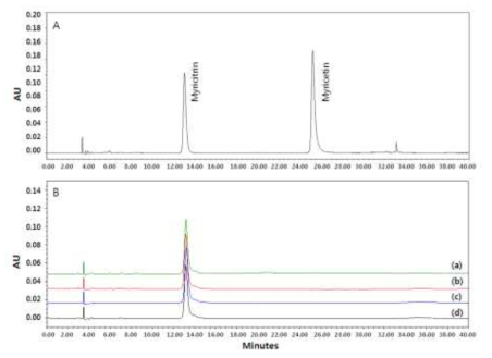 Rhamnosidase 처리 시간(a-d)에 따른 표준물질 myricitrin(B)의 HPLC 크로마토그램; 표준물질(A), 0분 처리(a), 30분 처리(b), 60분 처리(c), 90분 처리(d)