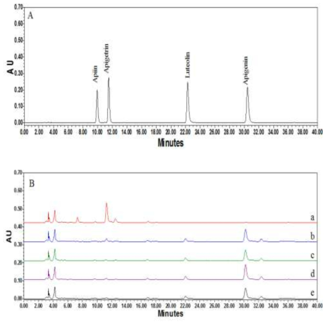 효소 반응 시간에 따른 구연산처리 셀러리 추출물 flavonoid의 HPLC 크로마토그램 비교; 표준물질(A), 시간에 따른 apigetrin 및 apigenin HPLC 크로마토그램 (B), (a); 0분, (b); 30분, (c); 60분, (d); 90분, (e); 120분