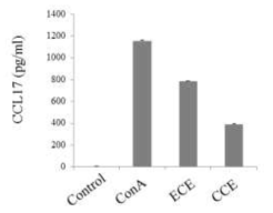 ConA로 자극된 비장세포에서 셀러리잎 에탄올 추출물(ECE)과 셀러리잎 에탄올 추출 후 구연산처리 가수분해물(CCE)의 CCL-17 생성 억제 효과. 세포는 추출물을 각각 100μg/mL 농도로 1시간 전 처리한 후 ConA 를 자극하고 24시간 후에 CCL-17에 대한 ELISA kit를 활용하여 CCL-17를 측정하고 정량하였다. 자료 값은 3번복 시험으로부터 얻은 수치를 평균 ± 표준편차로 표시