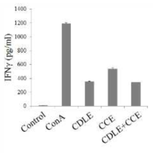 ConA로 자극된 비장세포에서 구연산처리후 고욤나무잎 에탄올 추출물 (CDLE), 셀러리잎 에탄올 추출 후 구연산처리 가수분해물(CCE) 또는 혼합물(CDLE + CCE)의 IFN-γ 생성 억제 효과. 세포는 추출물을 각각 100μg/mL 농도로 1시간 전 처리한 후 ConA를 자극하고 24시간 후에 IFN-γ에 대한 ELISA kit를 활용하여 IFN-γ를 측정하고 정량하였다. 자료 값은 3번복 시험으로부터 얻은 수치를 평균 ± 표준편차로 표시