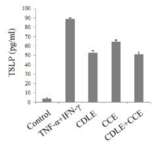 TNF-α와 IFN-γ로 자극된 인체 유래 피부 각질세포(HaCaT)에서 구연산처리후 고욤나무잎 에탄올 추출물(CDLE), 셀러리잎 에탄올 추출 후 구연산처리 가수분해물(CCE) 또는 혼합물(CDLE + CCE)의 TSLP 생성 억제 효과