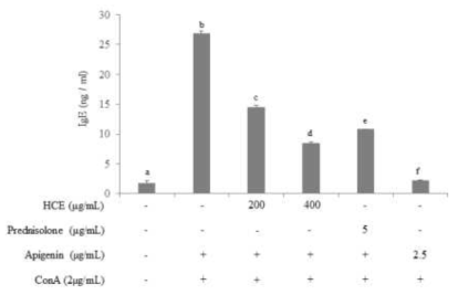 ConA로 자극된 마우스 비장세포에서 셀러리 가수분해 추출물(HCE)의 IgE 생성 억제에 미치는 영향. 마우스 비장세포를 대상으로 HCE (200μg/mL과 400 μg/mL) 또는 참고물질인 apigenin (10 μM)를 1시간 동안 전 처리하고 ConA와 LPS로 자극하여 48시간 배양한 후 각 사이토카인에 대한 ELISA kit를 활용하여 측정하고 정량하였다. 자료 값은 3번복시험으로부터 얻은 수치를 평균 ± 표준편차로 표시하였고, p<0.05 : ConA로 자극된 대조군과 비교