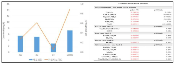 기본 배지를 이용한 세포성장 및 카로티노이드 생산