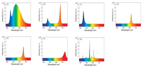 Emission spectra of LED lights (a) CoolWhite LED W12, (b) Blue+Red LED RB12, (c) Blue LED B450, (d) Red1 LED R640, (e) Red2 LED R660, (f) infra Red LED R742, (g) fluorescent light FL