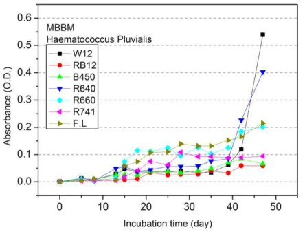 Average growth curves of 5 times experiment of Haematococcus on MBBM by LED light sources (a) CoolWhite LED W12, (b) Blue+Red LED RB12, (c) Blue LED B450, (d) Red1 LED R640, (e) Red2 LED R660, (f) Infra Red LED R742, (g) fluorescent light FL