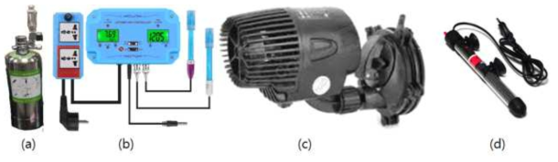 (a) 이산화탄소 폭기, (b) 수질컨트롤러, (c) 수류발생기, (d) 수조용히터