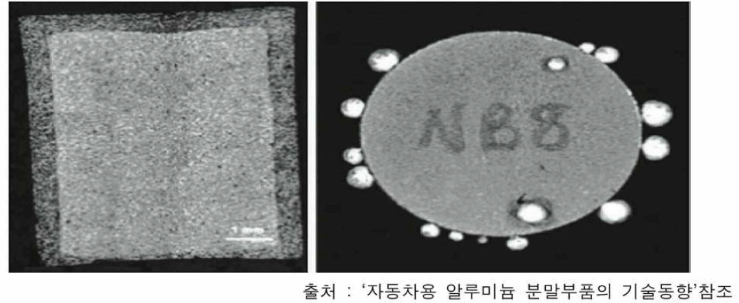 젖음성 문제로 인한 알루미늄 복합분말 소결체 현상 (좌-표면부 다공질화 현상, 우-액상 유출 현상)