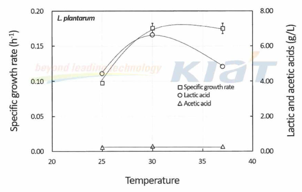 Effect of temperature on cell growth and lactic acid formation using L. plantarum with GY medium