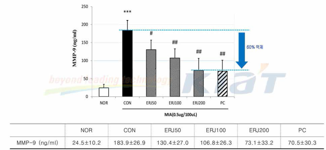 Effects of ERJ on MMP-9 in Rats. Data are expressed as mean 士SE (n=4). ***p<0.001 compared with NOR, #p<0.05 and ##p<0.01 compared with CON