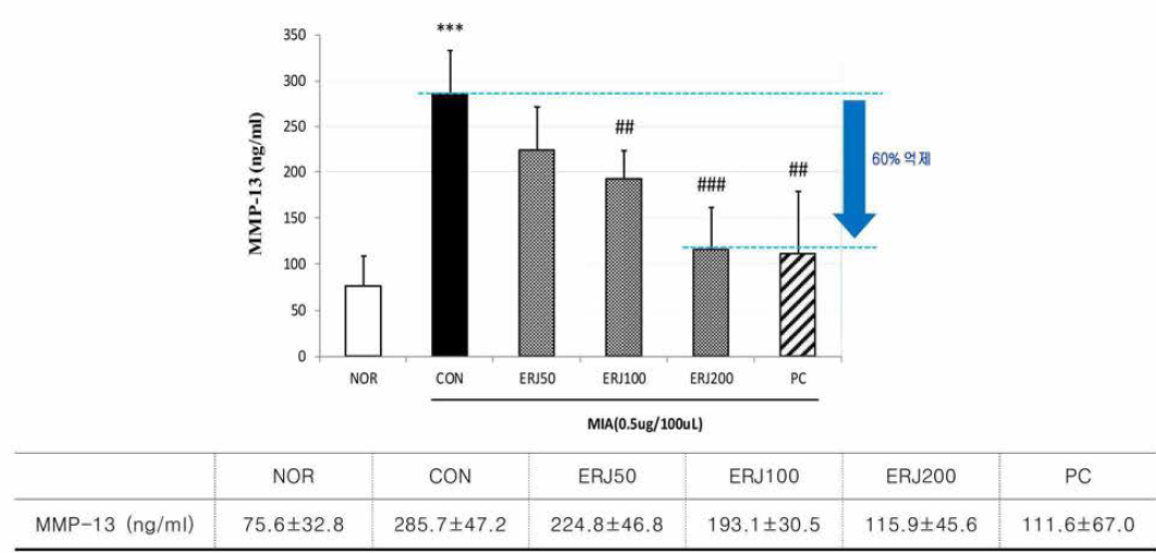 Effects of ERJ on MMP-13 in Rats. Data are expressed as mean 士SE (n=4). ***p<0.001 compared with NOR, #p<0.05, ##p<0.01 and ###p<0.001 compared with CON