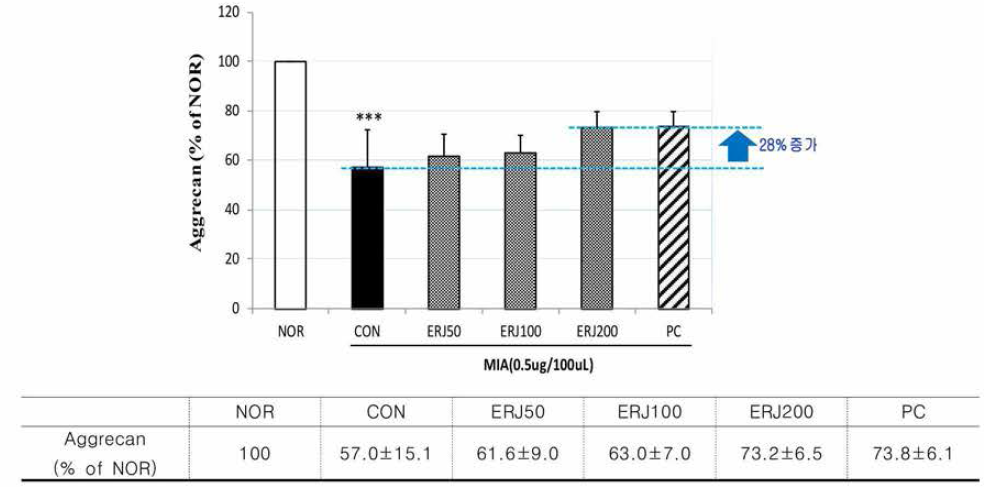 Effects of ERJ on Aggrecan in Rats, Data are expressed as mean 士SE (n=4). ***p<0.001 compared with NOR