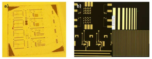 a) CPI 기판 위에 증착 및 패터닝된 알류미늄 전극과 b) 현미경으로 관찰한 패턴