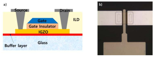 TFT소자 단면(a) 및 제작된 소자의 현미경 사진(b)