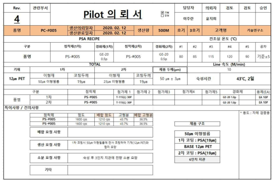 Pilot Sample 생산의뢰서