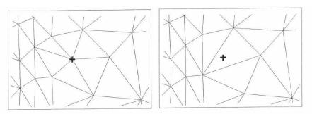 자연인접보간법의 Delaunay 배치 – 적용 전(좌), 적용 후(우)