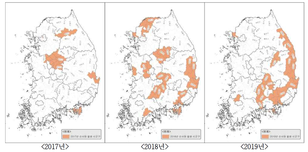 2017-2019 산사태 발생 지역 지도