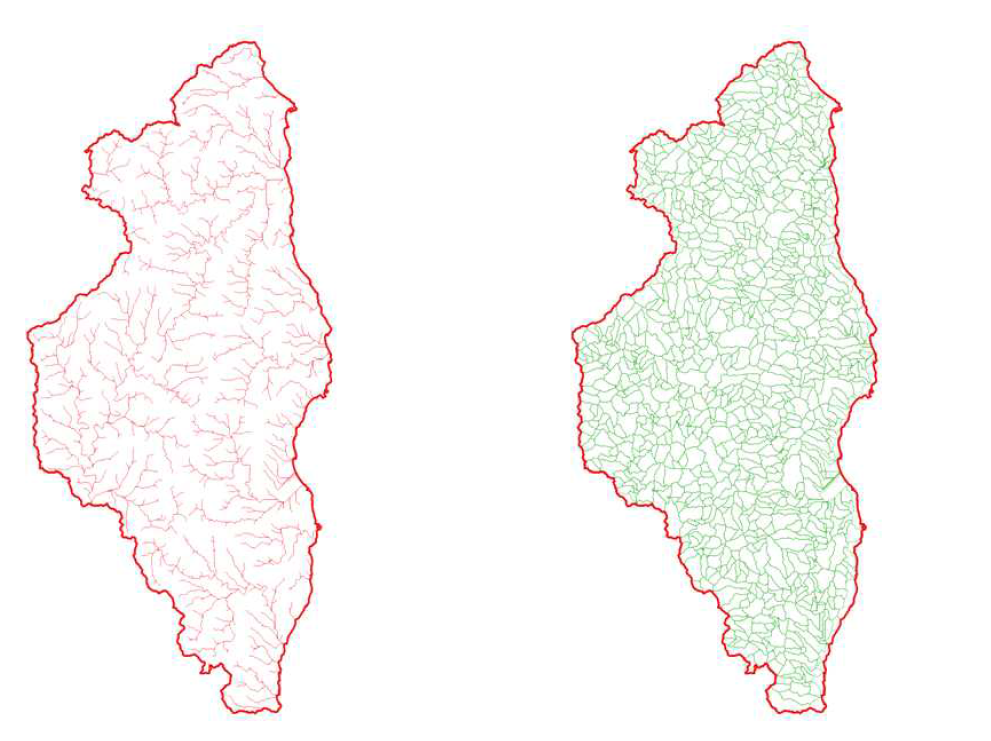 대상지역 하천 선(좌) 및 유역(우) 추출 결과 (최소 1,250,000㎡기준)