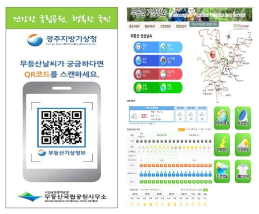 광주지방기상청 무등산기상정보서비스 QR 코드 및 웹페이지 표출 화면