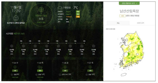 강원지방기상청 및 보건환경연구원 산림관광지수 서비스 표출 화면