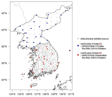 남한지역 관측지점 및 검증지점(붉은점)