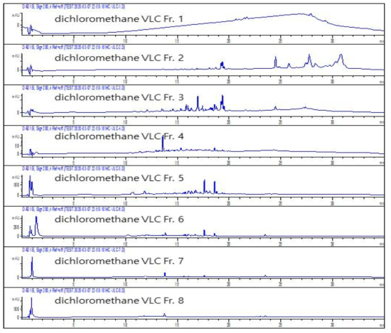 Dichloromethane vaccum liquid chromatography fraction LC분석(295nm)을 통한 분리 pattern 분석