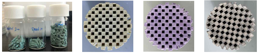 양산형 탈황 촉매 샘플 (좌측부터 Ni계 pellet type, Ni-Mo계, Co-Mo계, Pt(+Ni)-Mo계 monolith type)