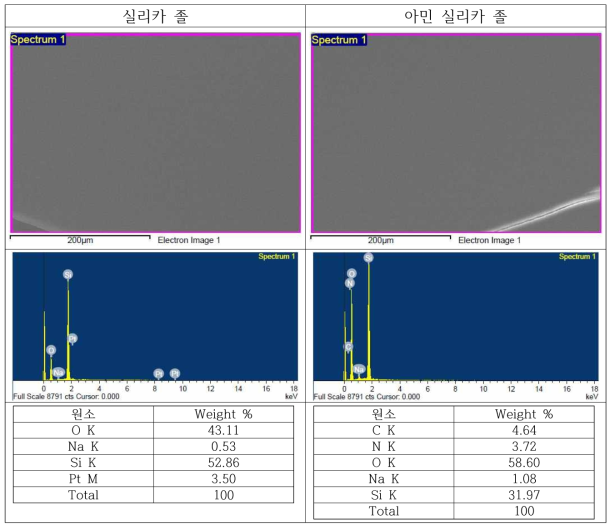 실리카 졸과 아민 실리카 졸의 SEM-EDX 분석 결과