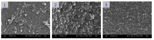 아민-리치 나노세라믹 코팅액 SEM이미지 : 1) TEOS 전구체, 2) 아민-리치 나노 세라믹 코팅액 (10wt%), 3) 아민-리치 나노세라믹 코팅액 (90wt%)