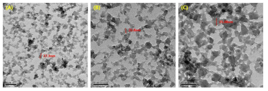 pH에 따른 입자크기 TEM 이미지; (A) 4.5, (B) 6.2, (C) 7.4