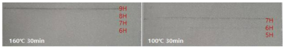 용매치환 공정을 적용하지 않은 코팅액의 코팅 연필 경도 : 완전 건조(좌), 저온 건조(우)