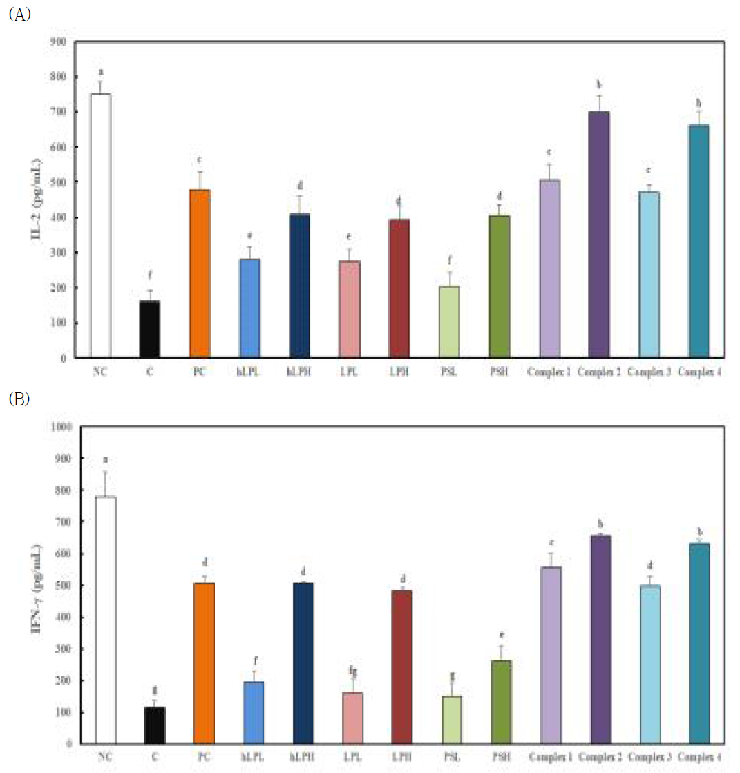 Effects of Lactobacillus and polysaccharide on Th1 cytokines (IL-2, IFN-γ) production from mitogen (Con A)-stimulated splenocytes prepared from C57BL/6M mice with or without induced decreased immune response by forced swimming exercise. (A) IL-2 (B) IFN-γ. *NC, Normal control; C, induced decreased immune response by forced swimming exercise (FSE); Positive control, induced decreased immune response by FSE with oral intake of beta-glucan 100 mg/kg body weight; hLPL, induced decreased immune response by FSE with oral intake of heat treated-Lactobacillus 1×1010 CFU/day; hLPH, induced decreased immune response by FSE with oral intake of heat treated-Lactobacillus 1×1012 CFU/day; LPL, induced decreased immune response by FSE with oral intake of Lactobacillus 1×1010 CFU/day; LPH, induced decreased immune response by FSE with oral intake of 1×1012 CFU/day; PSL, induced decreased immune response by FSE with oral intake of polysaccharide 50 mg/day; PSH, induced decreased immune response by FSE with oral intake of polysaccharide 100 mg/day; Complex 1, induced decreased immune response by FSE with oral intake of heat treated-Lactobacillus 1×1010 CFU/day + polysaccharide 100 mg/day; Complex 2, induced decreased immune response by FSE with oral intake of heat treated-Lactobacillus 1×1012 CFU/day + polysaccharide 100 mg/day; Complex 3, induced decreased immune response by FSE with oral intake of Lactobacillus 1×1010 CFU/day + polysaccharide 100 mg/day; Complex 4, induced decreased immune response by FSE with oral intake of Lactobacillus 1×1012 CFU/day + polysaccharide 100 mg/day; Values are presented as mean ± standard deviation (n = 8), and different superscript letters indicate significance at P < 0.05