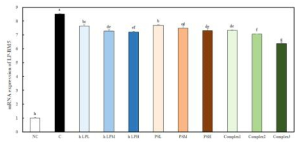 Inhibitory effects of Lactobacillus and polysaccharide on mRNA expression in SC-1 cell line transfected with LP-BM5 immunodeficient virus DNA. *Values are mean ± SD, n=3. Statistical analyses were performed by Duncan's multiple range tests after one-way ANOVA using SPSS software. NC, normal control; LPS, treated LPS; hLPL, heat treated-Lactobacillus 1×1010CFU/g; hLPM, heat treated-Lactobacillus 1×1011 CFU/g; hLPH, heat treated-Lactobacillus 1×1012 CFU/g; PSL, 75 μg/mL; PSM, 150 μg/mL; PSH, 300 μg/mL; Complex 1, heat treated-Lactobacillus 1×1010CFU/g + polysaccharide 150 μg/mL; Complex 2, heat treated-Lactobacillus 1×1011CFU/g + polysaccharide 150 μg/mL; Complex 3, heat treated-Lactobacillus 1×1012CFU/g + polysaccharide 150 μg/mL