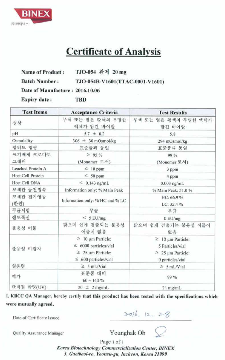 임상1상 시료를 위한 완제의약품 (20 mg/mL)의 release test 결과