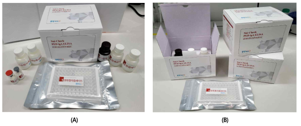 Sui-check PED IgA ELISA kit 시제품 사진. (A) 제품 내 구성품, (B) Lot 별 외관 사진