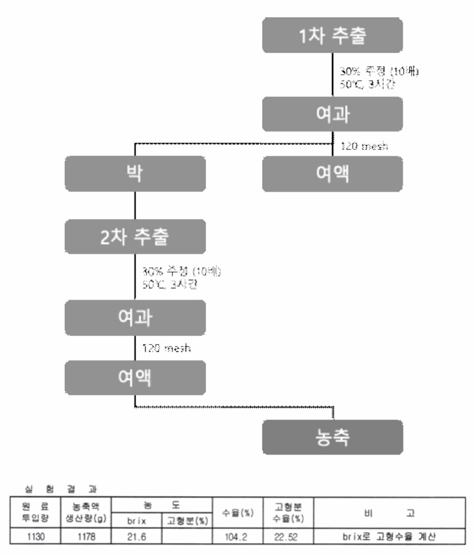 참느릅나무 잎 추출물 제조를 위한 표준 공정도 및 추출 수율 계산 결과