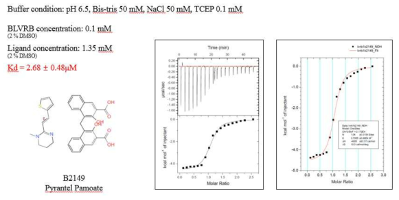 Isothermal titration calorimetry (ITC) 실험을 통해 최종 선별된 후보약물 (B2149)과 BLVRB 상호작용 binding constant (Kd) 측정