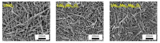 (a) LiNiO2, (b) LiNi0.8Mn0.2O2, (c) LiNi0.8Mn0.1Mg0.1O2 nanorod 양극활물질의 SEM 이미지