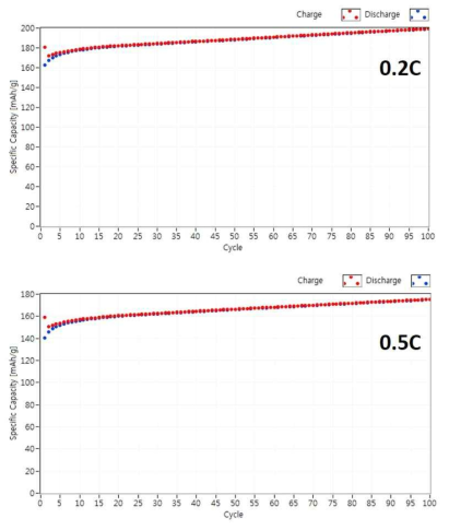 0.2 C 및 0.5 C의 주사속도의 전지의 안정성 평가