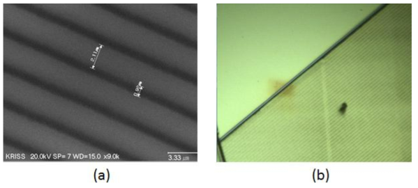 1 μm 선폭의 line patterning 의 전자현미경과 광학현미경의 동시 관찰