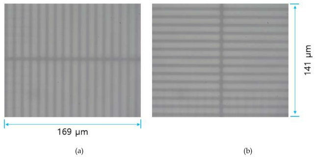 광시야 광학현미경 FOV 측정 이미지, (a) 가로 FOV 측정, (b) 세로 FOV 측정