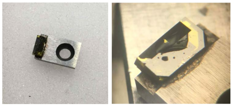 미세패턴가공 처리된 절삭 폭 2mm 다이몬드 나이프 및 DI-Water 드롭 후 표면 관찰