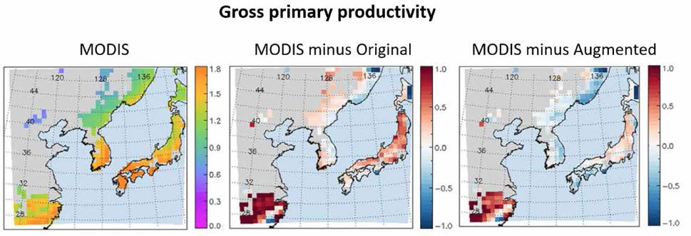 2000에서 2004년에 대해 평균된 MODIS의 총일차생산량(gross primary productivity)와 모형에서 산출된 총일차생산량의 MODIS 값에 대한 편차