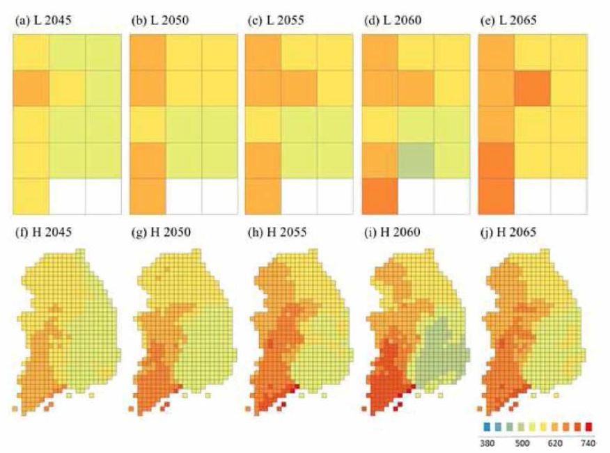 저해상도와 고해상도 미래기후 시나리오에 따른 중기미래(2045-2065) 농업생산량의 차이 비교