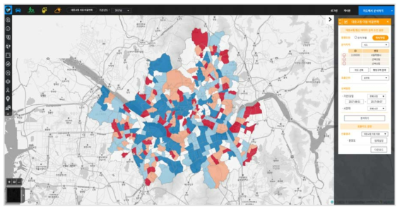 서울시의 읍면동 단위 대중교통 이용 비율변화 표출 예시 화면