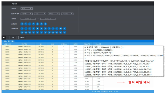 기상 정보 데이터 다운로드 테이블 및 파일 출력 예시 화면